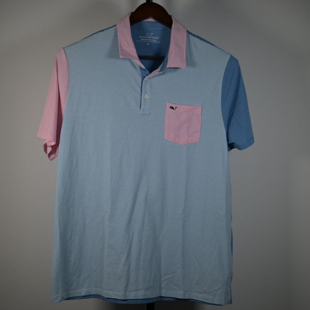 Vineyard Vines Edgartown Polo Shirt Mens XL Blue Pink Striped Colorblock Cotton